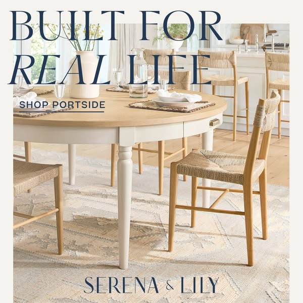 This ad features a dining room set, emphasizing a relaxed and inviting atmosphere suitable for real-life use. The design