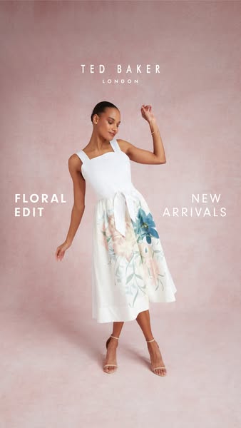 This Ted Baker ad showcases a dress from their floral edit new arrivals collection. The ad features a model posing again