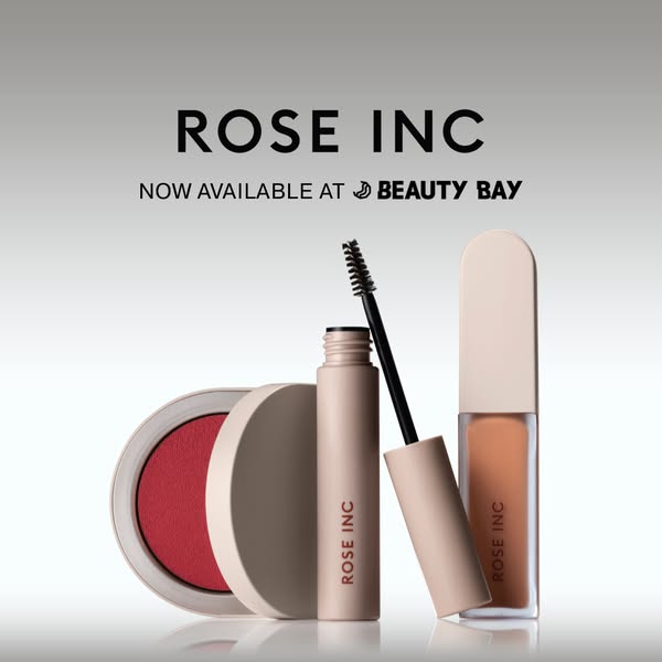 An image promoting Rose Inc products now available at Beauty Bay. The image features a blush, mascara, and lip product.