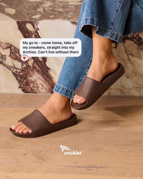 This image ad features a testimonial about Archies footwear, showing a person wearing them indoors with the testimonial 