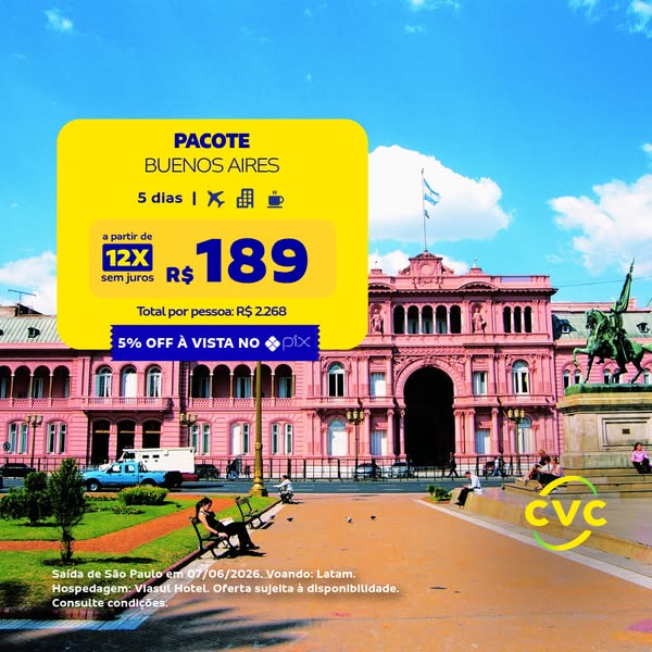 This image ad promotes a travel package to Buenos Aires. It features the Palacio de Gobierno in Buenos Aires, as well as