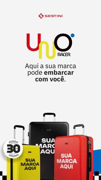 Ad for Sestini luggage where the luggage appears in the foreground, with a slogan above about having your brand displaye