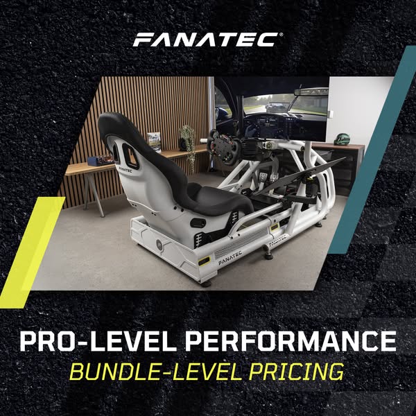 A product photo for Fanatec sim racing bundles. The photo features a full sim racing setup including a seat, frame, stee