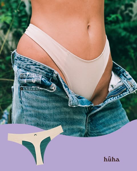 This image ad features a close up shot of a woman wearing the advertised underwear, along with a flat lay image of the u