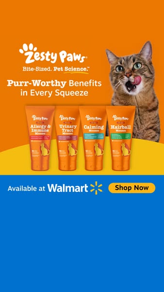This image ad promotes Zesty Paws cat mousse products in a variety of formulas. The ad features the tagline "Purr-W