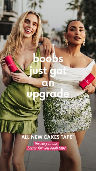 An ad for Cakes Tape featuring two women showcasing the product's benefits and ease of use. The ad highlights the pr