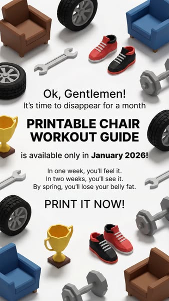 This image ad promotes a printable chair workout guide, humorously suggesting that it will help men 'disappear' 
