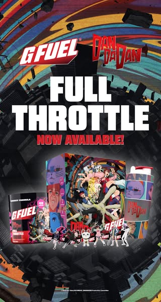 This ad promotes G FUEL's new Full Throttle flavor in collaboration with the manga series Dandadan. The ad features 