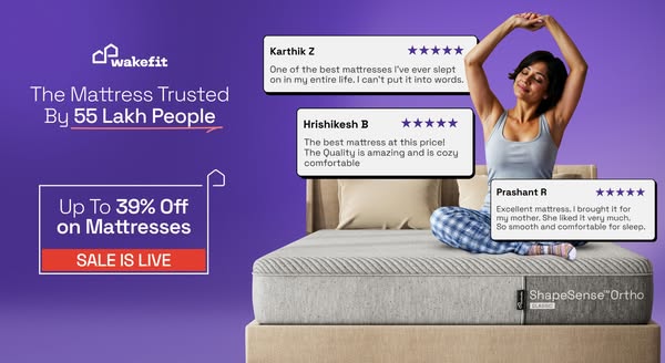This image ad for Wakefit mattress features social proof in the form of three reviews and an offer of up to 39% off matt