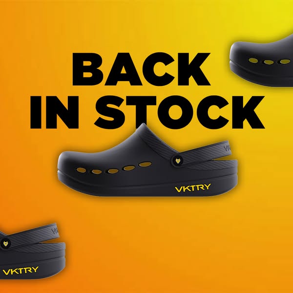 This image ad is for Vktry brand shoes, promoting the restock of their product. The main headline states, "BACK IN 