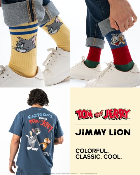 This ad promotes Jimmy Lion socks and shirts featuring the Tom and Jerry brand. It highlights the apparel's colorful