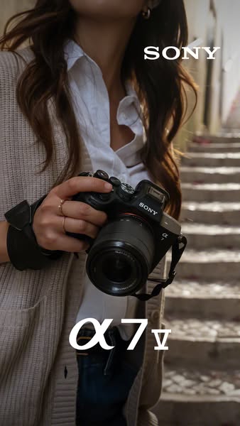This image ad showcases a person holding the Sony α7 IV camera while outside.