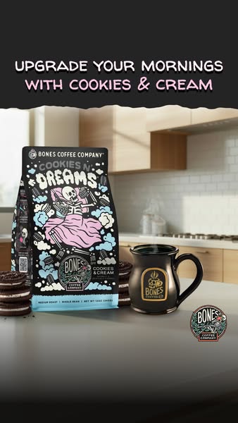 This ad highlights Bones Coffee Company's Cookies N' Dreams coffee flavor, presenting it as an upgrade to the mo