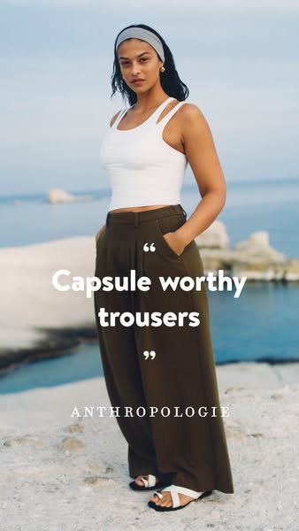 This Anthropologie ad features a woman wearing a pair of olive-green trousers. The ad emphasizes that the trousers are c