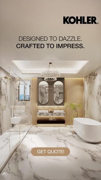 This ad showcases a luxurious bathroom designed with Kohler products, emphasizing elegance and sophistication. It aims t