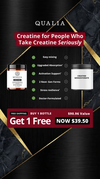 This image ad promotes Qualia Creatine, highlighting its benefits such as easy mixing, upgraded absorption, activation s