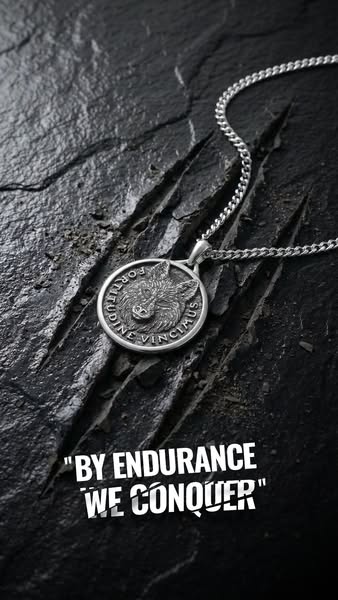 The ad showcases a silver necklace with a wolf pendant on a stone surface, accompanied by the motivational phrase "