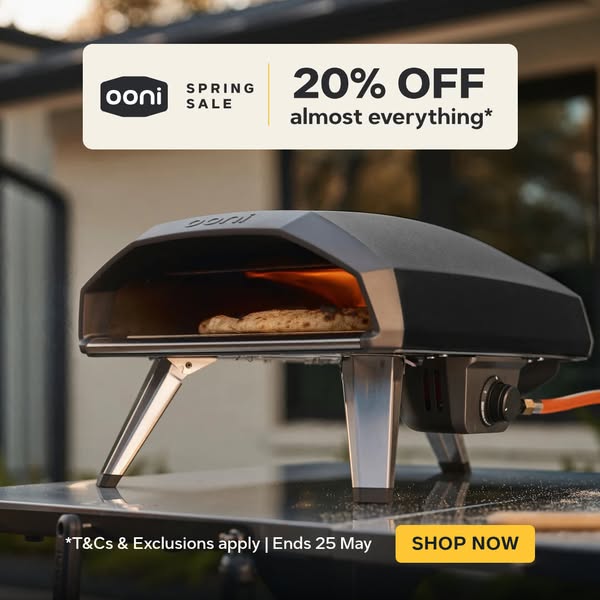 This image ad announces a spring sale from Ooni, offering 20% off almost everything. The ad features a product shot of a