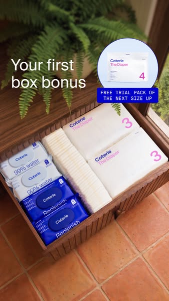 This image ad promotes Coterie baby products by highlighting a special offer of a free trial pack of the next size up wi