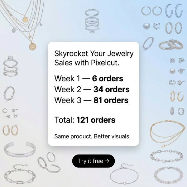 An image ad for Pixelcut, a tool that helps jewelry sellers enhance their product visuals and increase sales. The ad fea