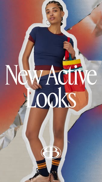This image ad showcases new activewear looks from the brand, featuring a model wearing a matching set. The ad highlights