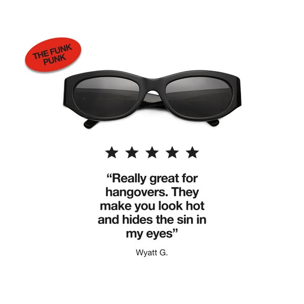 This ad features a pair of black sunglasses, a review of the product from a customer, and the brand mark for 'The Fu