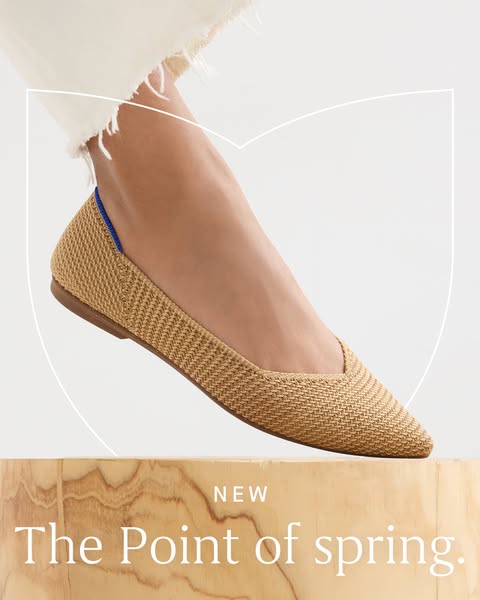 This ad showcases a neutral-colored Rothy's flat, highlighting that it is a new product for the spring season.