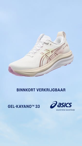 This ad showcases a white and neutral toned running shoe, the GEL-KAYANO™ 33 by ASICS, against a light blue background. 