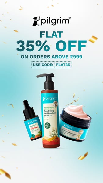 This ad promotes Pilgrim hair and skincare products, offering a flat 35% discount on orders above ₹999 with a provided d