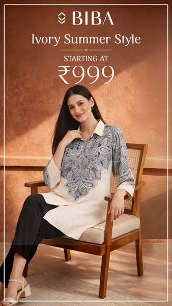 This image ad from BIBA features a woman in a light-colored, patterned top and black pants, seated in a wooden chair. Th