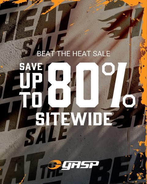 This image promotes a sitewide sale from GASP, offering savings of up to 80% during the Beat the Heat sale.