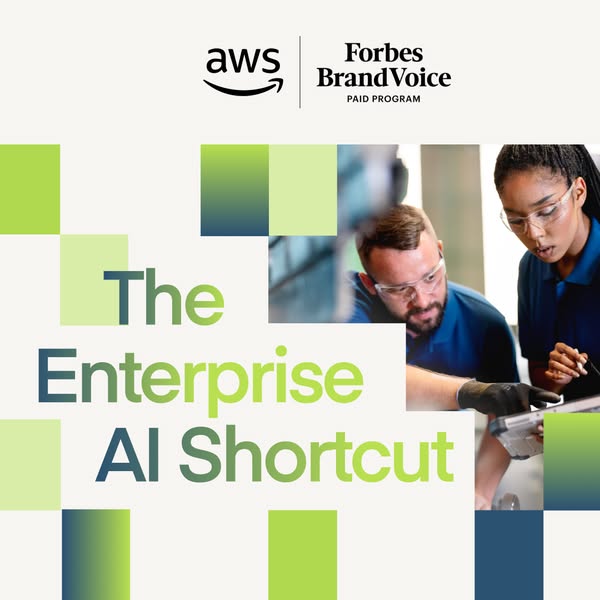 This ad promotes AWS through a partnership with Forbes BrandVoice. It features employees working while highlighting AWS 