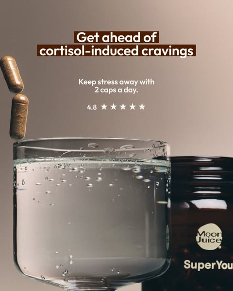 This image ad for Moon Juice's SuperYou capsules targets the pain point of cortisol-induced cravings, positioning th