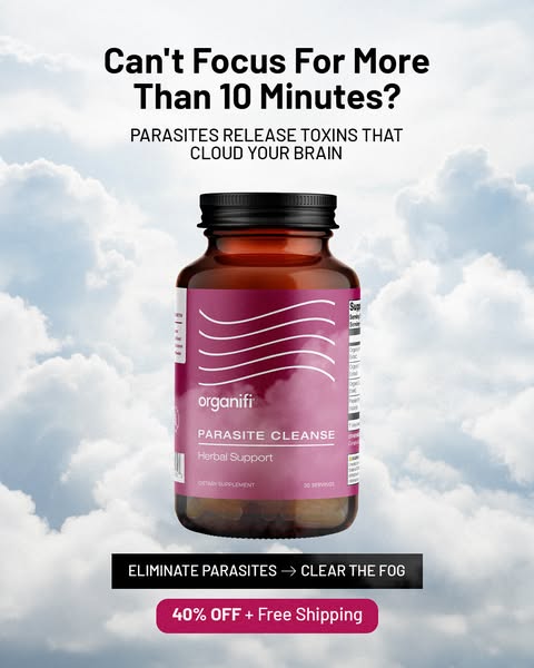 This image ad for Organifi's Parasite Cleanse supplement features a single product shot against a cloudy sky backdro