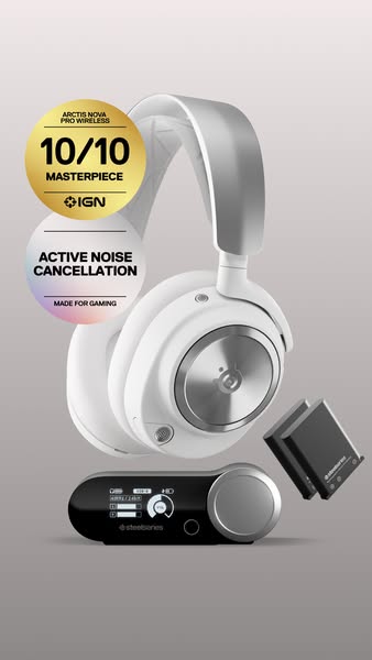 The image is advertising the Arctis Nova Pro Wireless headset. The visual components include a review and the product