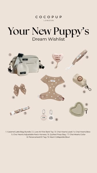 This image showcases COCOPUP London's product line, presenting it as a 'Dream Wishlist' for new puppies. The