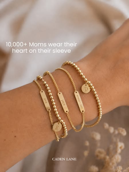 An ad for Caden Lane featuring their beaded bracelets with personalized name tags. The ad is targeted towards moms and u