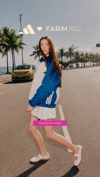 This image ad promotes the Adidas x Farm Rio collaboration, featuring a model wearing items from the collection. The ad 