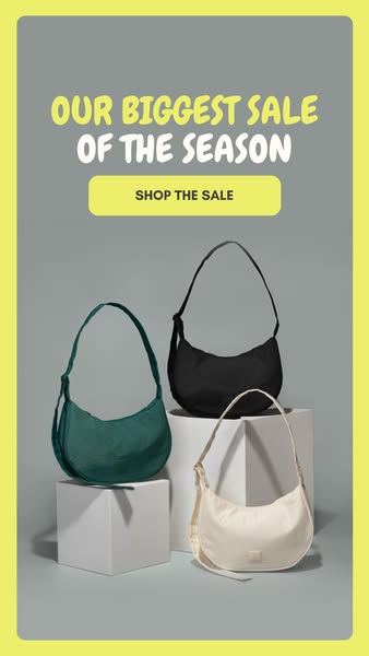 This image ad promotes a brand's biggest sale of the season, showcasing three shoulder bags in different colors agai