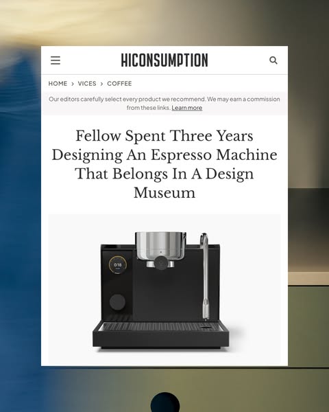 This ad features a static image of a HiConsumption article highlighting the Fellow espresso machine. The headline emphas