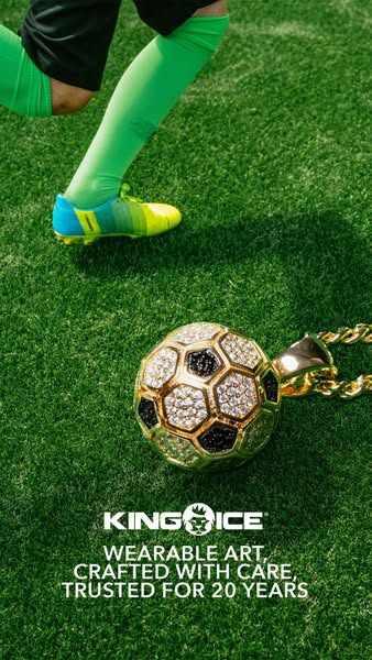 This image ad showcases a gold and diamond soccer ball pendant from King Ice, highlighting the brand's expertise in 