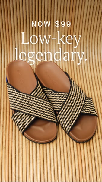 This image ad promotes sandals that are on sale for $99. The simple design features the sandals against a vertically-lin