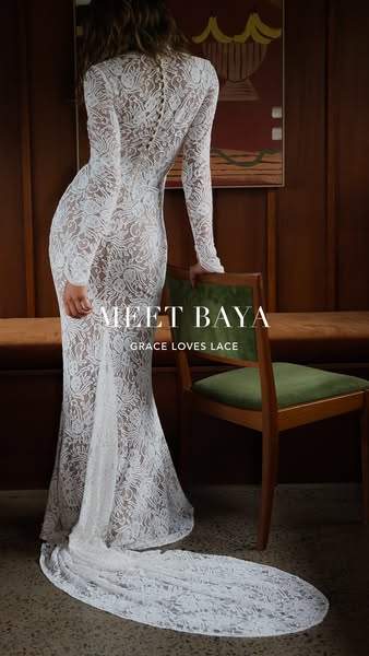 This ad showcases the 'Baya' dress by Grace Loves Lace, emphasizing its elegant lace design and form-fitting sil