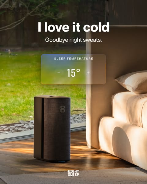 The ad showcases the Eight Sleep Pod, emphasizing its ability to maintain a cold sleep temperature to eliminate night sw