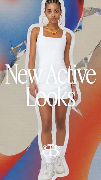 This ad is for activewear and features a woman in a white dress and sneakers, set against a background of abstract shape