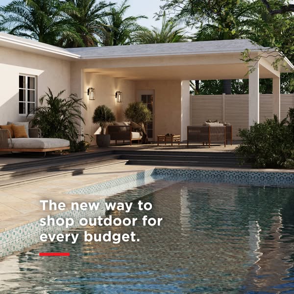 The ad features a luxurious outdoor pool and patio area, promoting outdoor shopping options for every budget.