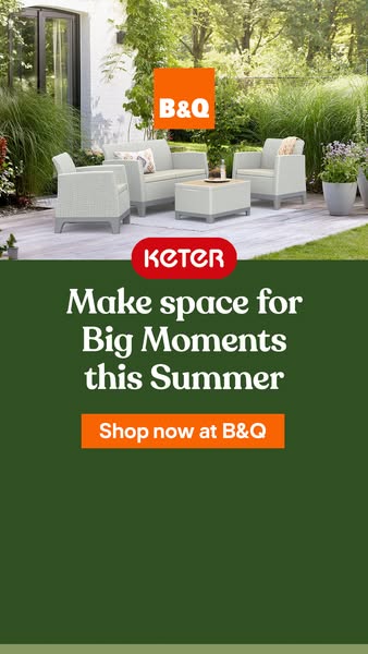 An image ad promoting Keter outdoor furniture available for purchase at B&Q. The ad features a set of white wicker-s