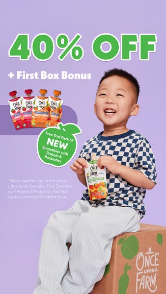 The ad promotes a subscription box for Once Upon a Farm smoothies, highlighting a 40% discount and a free trial pack of 