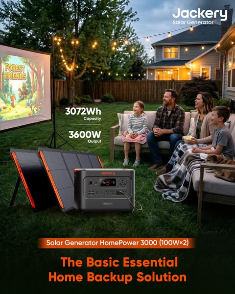 This ad shows a family enjoying an evening movie in their backyard. The movie is being projected via the Jackery Solar G