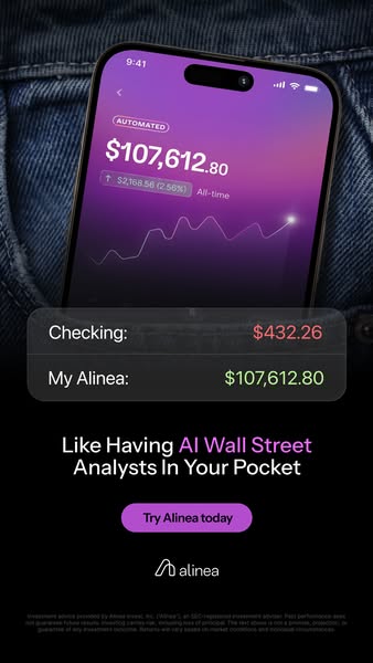 This ad for Alinea shows the app on a mobile phone, and the graphic communicates that using the app is like having an AI